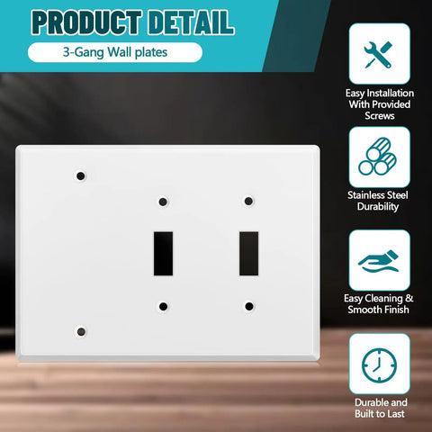 Three Gang Wall Plate With Two Toggle Holes And One Blank Cover Gloss White Stainless Steel Finish Standard Size 4.50 By 6.38 Inches Corrosion Resistant GFCI Outlet Receptacle Compatible Conceals Unused Switches For A Clean Look displayed front view.