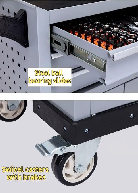 Three Drawer Rolling Tools Chest With Lockable Cabinet For Garage, Warehouse And Workshop On Wheels, High Capacity Tool Storage Cart, Heavy Duty Red Metal Chest For Easy Organization And Secure Tool Keeping, steel ball bearing slides, swivel casters with brakes