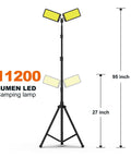 12V Dual Head LED Camping Light With Stand, 11200 Lumens Portable Work Light with 95-inch height, yellow lamps on tripod.