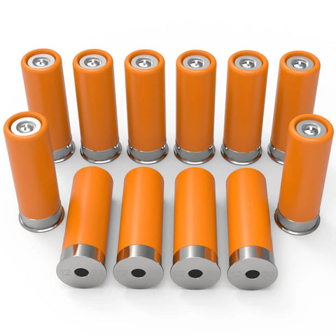 12 Gauge Snap Caps Training Rounds Set For Safe Loading And Dry Fire Practice, Close To Real Weight Dummy Rounds For Malfunction Drills, 12 Pieces Ideal For Range Training And Home Practice shown in orange with silver bases.