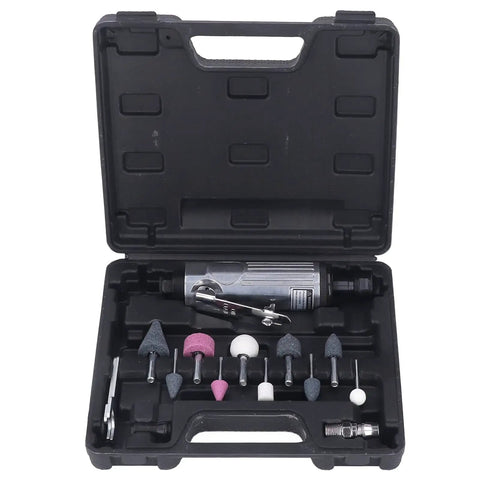 Heavy Duty Pneumatic Die Grinder Kit Featuring 22000 Rpm Air Powered Motor And Ten Piece Grinding Head Set displayed in a case.