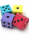 Jumbo Foam Dice Set For Classroom And Home Schooling 1.96 Inch Dice In Assorted Bright Colors Kid Safe EVA Foam displayed in four colors.
