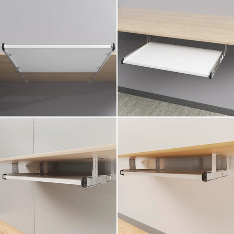 Slick Under Desk Keyboard Tray Pull Out Slide With Height Adjustable Full Extension Ball Bearing Rails in various angles.