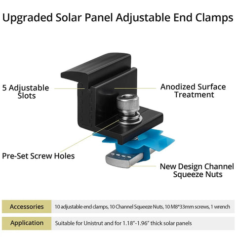 10 Pack Adjustable Solar Panel End Clamps For Unistrut Channels Featuring 30 To 50mm Aluminum Mounts and Rustproof Fasteners, showing adjustable slots.