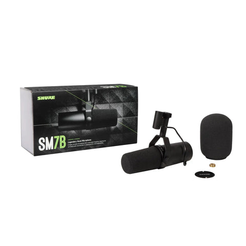 SM7B Dynamic Studio Microphone with box and detachable windscreen displayed on white background