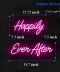 Pink Happily Ever After Neon Sign Wall Art Hangin Neon Light For Party Vibes Wedding Hashtag Decor Kid Bedroom Bar Home 12V DC Power Adapter Included For Easy Setup showing size dimensions.