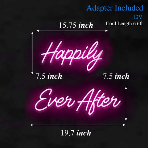 Pink Happily Ever After Neon Sign Wall Art Hangin Neon Light For Party Vibes Wedding Hashtag Decor Kid Bedroom Bar Home 12V DC Power Adapter Included For Easy Setup showing size dimensions.