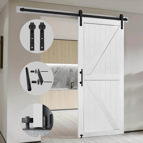 36x84 Inch Double Sliding MDF Barn Door With 13 Ft Hardware Kit in a modern interior setting, partially open.