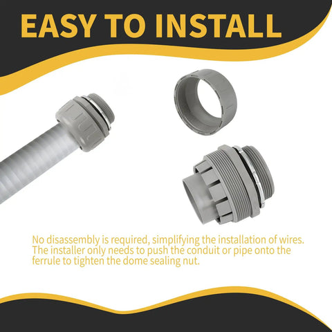 Game Changer 2 Inch Liquid Tight Conduit Connector Grey Set With Steel Locknut And Domed Nut, showing easy install components.