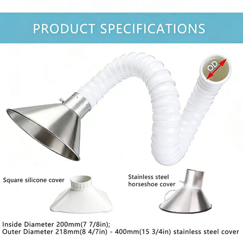 Tough As Nails Flexible Fume Extraction Arm With Heavy Duty Dust Collection Hood And Snappy Articulated Hose showing stainless steel hood and silicone cover.