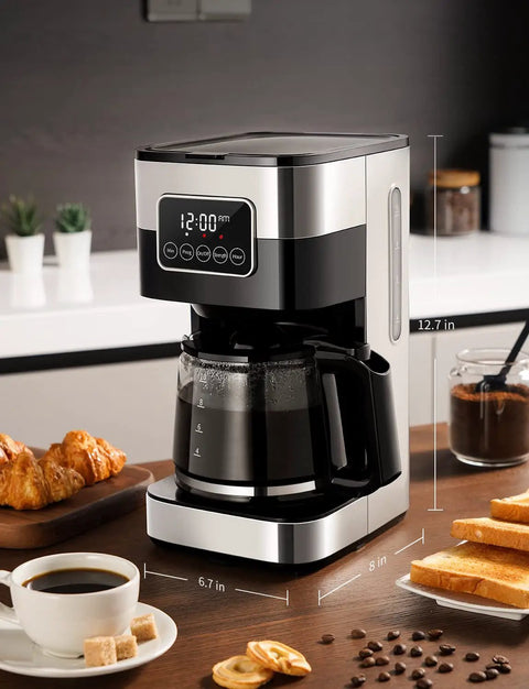 10 Cup Programmable Coffee Maker With Regular And Strong Brew Auto Shut Off Permanent Filter Easy LCD Touch Screen Great For Home Or Office Silver Finish on kitchen counter