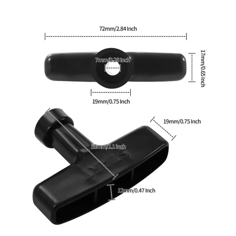 Front and side view of Two Pack Lawn Mower Pull Cord Handle Grip Replacement For Generators Chainsaws Trimmers Edgers And Brush Cutters 2.84 Inch Long By 0.65 Inch Wide Durable Three Finger Grip showing dimensions and black plastic material.