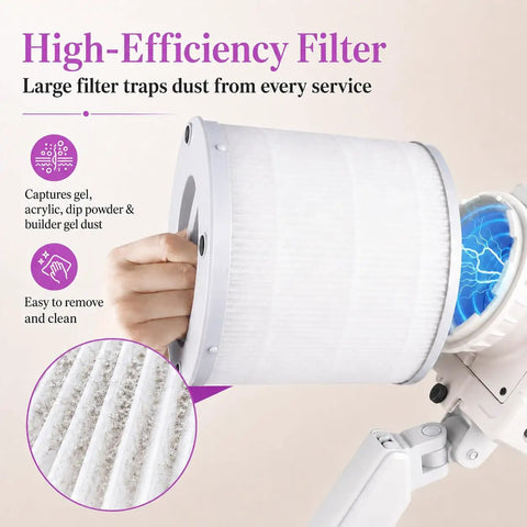 Professional Nail Dust Collector With Universal Table Mount And Tilt Adjustable Arm, filter for gel acrylic dust removal, easy to clean.