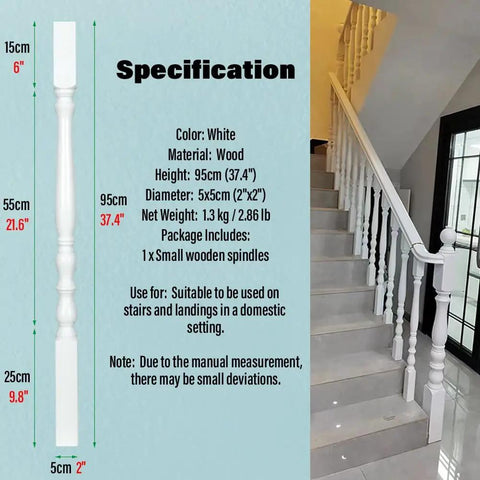 Premium White Poplar Balusters Pack Of 20 Killer Deck Railing Spindles For Interior Staircase Modern Balcony Handrails No Sweat Install Solid Hardwood Posts with dimensions displayed.