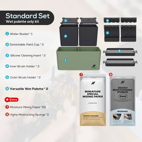 Portable All In One Modular Painting Station With Wet Palette, Brush Cleaners, Holders And Lid For Miniatures And Warhammer Hobbyists, Compact Setup For Acrylic Paints, Easy Organization And Quick Cleanup standard set components displayed.