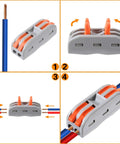 50 Pack Lever Wire Nut Electrical Connectors With Fixed Base For 2 Circuit Inline Splices 28-12 AWG Wiring, compact and reusable view