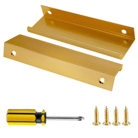10 Pack Finger Edge Pull Handles 80mm Brushed Gold Aluminum Edge Pulls Right Angle Cabinet Hardware for Kitchen, screws, screwdriver