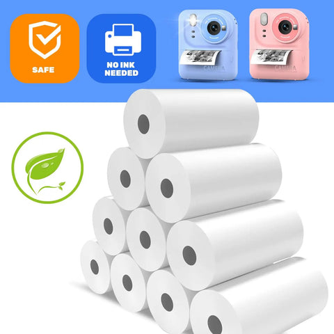 10 Rolls BPA Free Thermal Paper For Kids Instant Cameras, Universal Compatibility With Most Kids Cameras, Easy Refill For Fun Prints And Creative Projects, Safe Non Toxic Paper For Little Photographers. BPA-free 57mm x 25mm rolls with camera icons.