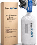 Heavy Duty Wall Mount Dust Collector With 650 CFM Of Badass Suction For Multi Tool Woodworking Shops Compact Space Saving Unit That Cleans Up After You So Your Garage Stays Legit And Ready with packaging and dust bag shown.