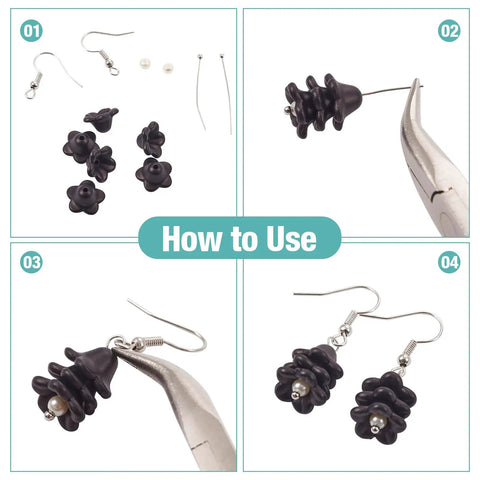 Steps to make earrings with Black Acrylic Flower Bead Caps 100 Pcs Five Petal Frosted Resin Flower Spacers for DIY Jewelry Making.