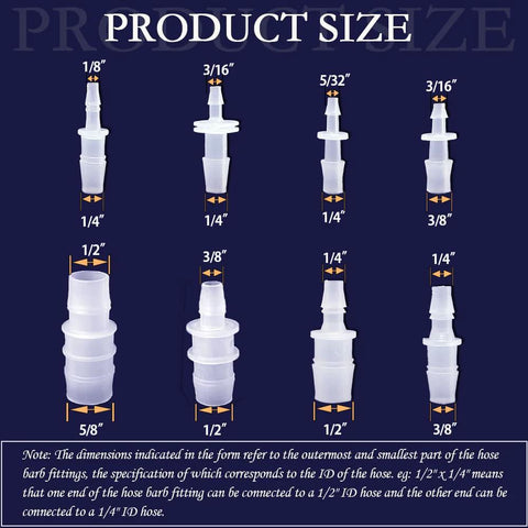 40-piece clear plastic hose barb fittings set for aquarium tubing; assorted ID/barb sizes.