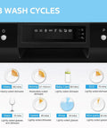 Front view of black COMFEE countertop dishwasher with digital control panel and 8 wash cycles