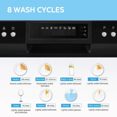 Front view of black COMFEE countertop dishwasher with digital control panel and 8 wash cycles