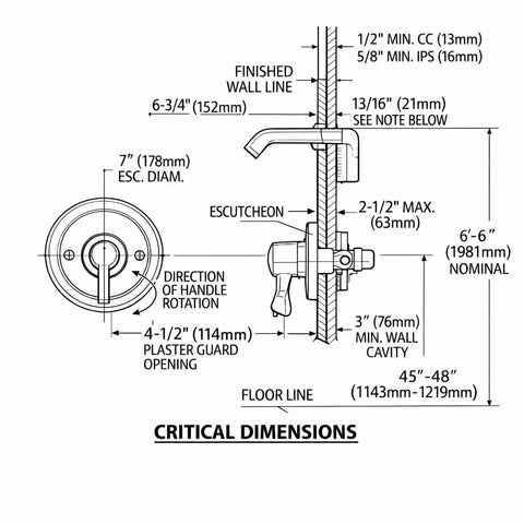 Technical diagram of Commercial Brushed Nickel PosiTemp Shower Trim Kit With Lever Handle And Shower Arm Valve Required MPACT Compatible.