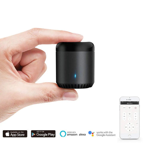 Hand holding WiFi Smart Home Hub RM Mini 3 Learning Universal IR Remote For TV AC Set Top Box DVD Receiver And More Over 50,000 IR Devices Works With Alexa Google Home IFTTT 2 4 GHz Only