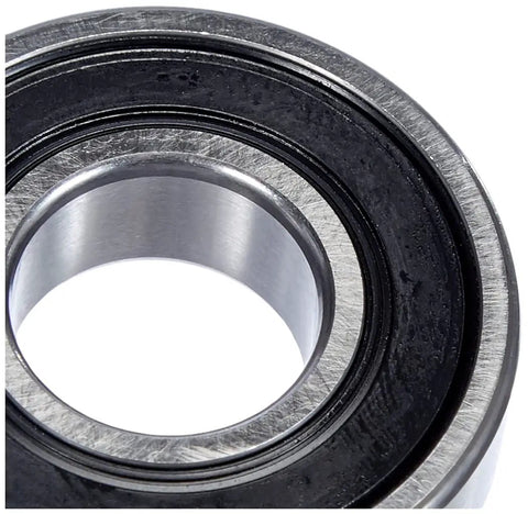 Close-up of 6202 2RSH Beefy Radial Deep Groove Ball Bearing With Dual Seals, showing steel construction and seal detail.
