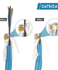 All In One Pass Through Ethernet Crimp Tool For CAT7 CAT6A CAT6 CAT5E CAT5 With RJ45 RJ11 RJ12 Compatibility demonstrates before and after crimping of CAT5/CAT6 cable.