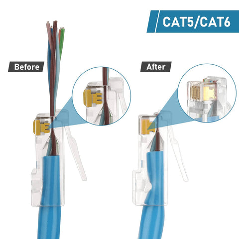All In One Pass Through Ethernet Crimp Tool For CAT7 CAT6A CAT6 CAT5E CAT5 With RJ45 RJ11 RJ12 Compatibility demonstrates before and after crimping of CAT5/CAT6 cable.