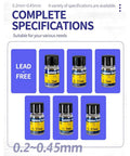 Six bottles of lead-free tin solder balls set for PCB reballing and soldering, sizes 0.2-0.45 mm, displayed in packaging.