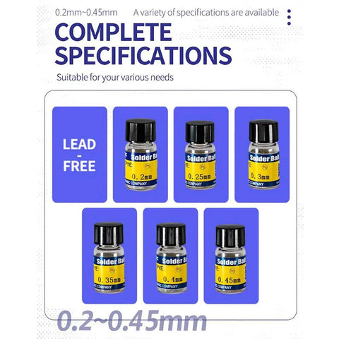 Six bottles of lead-free tin solder balls set for PCB reballing and soldering, sizes 0.2-0.45 mm, displayed in packaging.