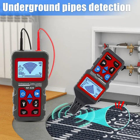 Underground Cable Locator And All In One Wire Tracker Tool with Circuit Tracer and Pipe Detector shown in use near pipes.