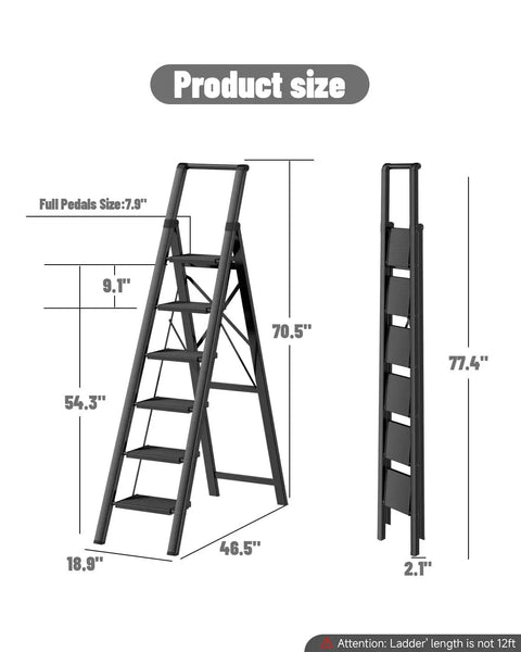 Six Step Folding Ladder For Home And Garage, Lightweight Aluminum Stepladder With Stable Top Handle, Non Slip Feet, Holds Up To 300 Lbs, Black, Compact Design For Easy Storage, Ideal For Indoor And Outdoor Tasks, 70.5 in tall