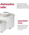 Dishwasher-safe four tray food dehydrator with removable powerhead for easy cleanup in speckled white.