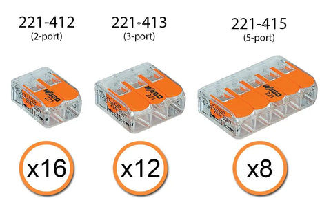 Lever Nut Wire Connector Kit 36-Piece No Fuss Compact Splice Assortment For Solid Stranded And Flexible Copper Wire 24-12 AWG Includes 221-412 221-413 221-415 with 2, 3, and 5-conductor options