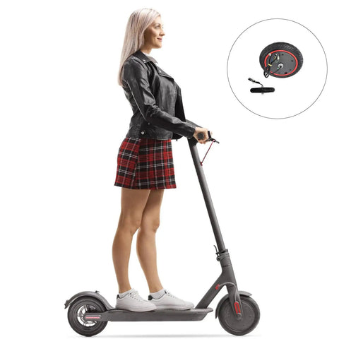 Woman riding a scooter with a Front Wheel 36V 350W Motor For Electric Scooters 8.5 Inch Air Filled Tire Replacement in detail view.