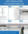 Jolux 6 Pack 5/6 Inch 5CCT LED Can Light Gimbal Retrofit Downlight installation instructions with steps for flush mount and angle adjustment.