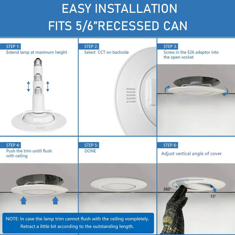 Jolux 6 Pack 5/6 Inch 5CCT LED Can Light Gimbal Retrofit Downlight installation instructions with steps for flush mount and angle adjustment.