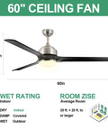 60-inch Ceiling Fan With Lights In Brushed Nickel Three Blades, Dimmable LED Light 3000K, Indoor, easy install, energy saving, UL listed