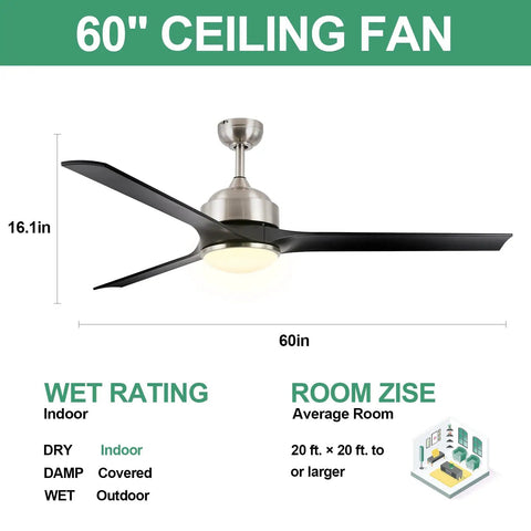 60-inch Ceiling Fan With Lights In Brushed Nickel Three Blades, Dimmable LED Light 3000K, Indoor, easy install, energy saving, UL listed