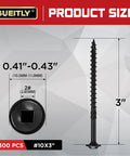 Diagram showing No 10 Pocket Hole Screws, 3 Inch, 300 Pieces, square drive details and measurements.