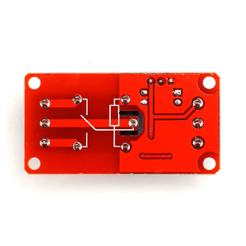5V 1 Channel Relay Module With Optocoupler Isolation For Safe High And Low Level Triggering That Plays Nice With Arduino And Raspberry Pi For Your DIY Electronics Projects. red PCB back view