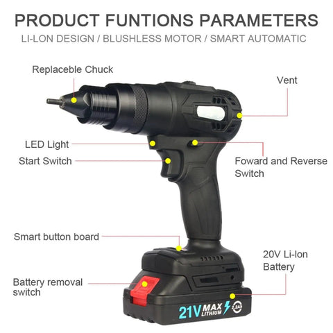 21V Brushless Electric Blind Rivet Nut Tool Featuring Rechargeable Battery Pack, Plug And Play Automatic Ram Gun with LED light and forward/reverse switch.