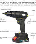 Close-up of Killer 21V Brushless Electric Cordless Ram Gun And Blind Rivet Nut Tool with detailed features labeled.