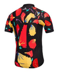 Colorful short-sleeve cycling jersey with abstract floral patterns on a black background, viewed from the back.