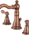 Old School English Classic Widespread Bathroom Faucet In Antique Copper With Brass Pop Up Drain Solid Brass Construction Drip Free Ceramic Disc 8 To 16 Inch Spread 1.2 GPM Flow At 60 PSI