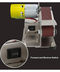 Mini Electric Belt Sander For Desktop Diy Polishing And Grinding Machine With Adjustable 7 Speed Control showing motor and switch.